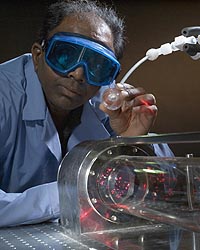 Instruments in Argonne's Terahertz Test Facility, such as the one Sami Gopalsami is using, can detect trace chemicals at the part-per-billion level.