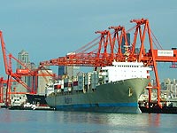 A container ship in port.